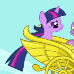 Size: 241x241 | Tagged: safe, edit, edited screencap, imported from derpibooru, screencap, spike, twilight sparkle, dragon, pony, unicorn, friendship is magic, animated, chariot, cloud, cropped, eyeroll, female, flying, gif, grumpy, grumpy twilight, loop, mare, reversed, sky, solo, solo focus, talking, windswept mane