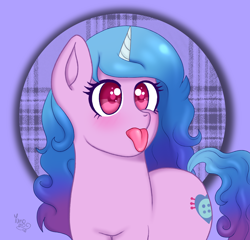 Size: 4396x4228 | Tagged: safe, artist:yumomochan, imported from derpibooru, izzy moonbow, pony, unicorn, :p, abstract background, absurd resolution, blushing, female, g5, g5 movie, horn, mare, purple background, silly face, simple background, solo, tongue out