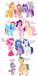 Size: 4496x8821 | Tagged: safe, artist:chub-wub, imported from derpibooru, applejack, fluttershy, hitch trailblazer, izzy moonbow, pinkie pie, pipp petals, rainbow dash, rarity, spike, sunny starscout, twilight sparkle, alicorn, dragon, earth pony, pegasus, pony, unicorn, spoiler:g5, spoiler:g5 movie, absurd resolution, applejack's hat, book, cowboy hat, cute, dialogue, female, floppy ears, g4, g4 to g5, g5, g5 movie, hat, hilarious in hindsight in the comments, looking at each other, magic, male, mane seven, mane six, mare, one eye closed, open mouth, pipp, pipp is tall, raised hoof, red eyes, red-eyed pipp, simple background, smoldash, stallion, sunny and her heroine, sweat, tail, telekinesis, twilight sparkle (alicorn), unshorn fetlocks, white background, winged spike, wings, wink