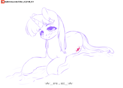 Size: 3500x2500 | Tagged: safe, artist:rise_of_evil_69, imported from derpibooru, twilight sparkle, pony, unicorn, bed, bedroom eyes, blushing, looking at you, lying down, on side, patreon, patreon logo, side, sketch, smiling, smiling at you, solo, unicorn twilight, wingding eyes