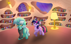 Size: 4346x2716 | Tagged: safe, artist:background basset, imported from derpibooru, lyra heartstrings, twilight sparkle, pony, unicorn, fanfic:background pony, clothes, confused, duo, duo female, female, golden oaks library, hoodie, lamp, library, night, sad, unicorn twilight