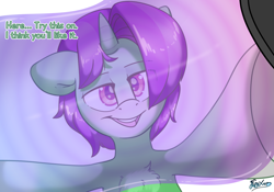 Size: 5000x3500 | Tagged: safe, artist:fluffyxai, imported from derpibooru, oc, oc only, oc:crescent star, crystal pony, pony, unicorn, accessories, accessory, commission, crystal unicorn, fetish, grin, hypnogear, hypnosis, hypnosis fetish, interaction, looking at you, offscreen character, pov, smiling, smirk, speech, submissive pov, talking, talking to viewer, visor