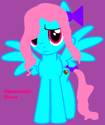 Size: 443x530 | Tagged: safe, artist:sparklecat16, imported from derpibooru, oc, oc:chocolate dove, pegasus, pony, base used, bow, cutie mark, female, hair bow, mare, pegasus oc, pink text, purple background, simple background, tail bow, text, wings