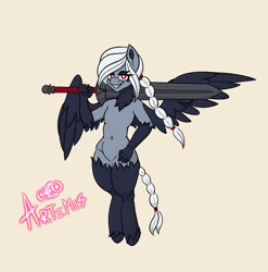 Size: 2772x2806 | Tagged: safe, artist:ezralight, imported from derpibooru, oc, oc only, oc:artemis, hippogriff, male, sword, weapon