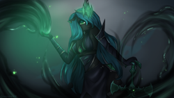 Size: 1920x1080 | Tagged: source needed, safe, artist:chickenbrony, artist:cottonaime, imported from derpibooru, queen chrysalis, anthro, changeling, changeling queen, choker, clothes, dress, female, league of legends, lidded eyes, looking at you, solo, sword, weapon