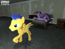 Size: 2048x1536 | Tagged: safe, artist:gradiusfanatic, imported from derpibooru, flash sentry, twilight sparkle, pegasus, pony, unicorn, 3d, bed, female, gmod, male, mare, stallion, unicorn twilight