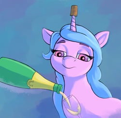 Size: 1027x1004 | Tagged: safe, artist:escapist, imported from derpibooru, izzy moonbow, pony, unicorn, bottle, colored pupils, cork, drink, female, g5, glass, horn, horn guard, horn impalement, izzy impaling things, lidded eyes, mare, simple background, solo, solo female