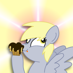 Size: 768x768 | Tagged: safe, artist:crossovercartoons, imported from derpibooru, derpy hooves, pegasus, pony, abstract background, animated in description, chocolate, chocolate covered, cross-eyed, cute, derpabetes, derpy appreciation day, derpy day, derpy day 2021, digital art, food, gif in description, implied eating, muffin, solo, that pony sure does love muffins, tongue out