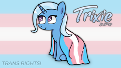 Size: 1920x1080 | Tagged: safe, artist:php155, imported from derpibooru, trixie, pony, unicorn, female, flag, gender headcanon, happy, mare, mouthpiece, pride, pride flag, smiling, solo, trans, trans female, trans rights, trans trixie, transgender, transgender pride flag