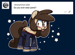 Size: 1625x1204 | Tagged: safe, artist:lou, imported from derpibooru, oc, oc only, oc:louvely, earth pony, pony, clothes, dog pants, looking at you, pants, solo, stars, tongue out, tumblr