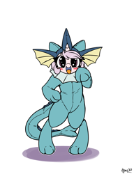 Size: 1000x1300 | Tagged: safe, artist:skoon, edit, imported from derpibooru, oc, oc only, oc:red pill, unicorn, vaporeon, bipedal, blushing, clothes, colored, cosplay, costume, cute, female, filly, flat colors, kigurumi, looking at you, pokémon, sfw edit, simple background, solo