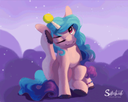 Size: 700x560 | Tagged: safe, artist:silentwulv, artist:szafir87, imported from derpibooru, izzy moonbow, pony, unicorn, animated, ball, cute, female, g5, g5 movie, gif, horn, horn guard, horn impalement, hornball, izzy's tennis ball, izzybetes, mare, one eye closed, signature, sitting, solo, szafir87 is trying to murder us, tennis ball, unshorn fetlocks