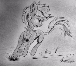 Size: 3664x3215 | Tagged: safe, artist:kinderdernacht987, imported from derpibooru, oc, oc only, oc:velvet remedy, pony, unicorn, fallout equestria, galloping, glare, monochrome, open mouth, sketch, solo, traditional art, war face