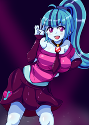 Size: 1500x2100 | Tagged: safe, artist:n00bultima, imported from derpibooru, sonata dusk, equestria girls, rainbow rocks, big breasts, blushing, breasts, busty sonata dusk, clothes, cute, female, fingerless gloves, gloves, jewelry, looking at you, midriff, necklace, open mouth, peace sign, ponytail, skirt, solo, sonatabetes