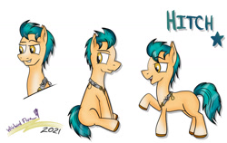 Size: 1280x807 | Tagged: safe, artist:whirlwindflux, imported from derpibooru, hitch trailblazer, earth pony, pony, g5, looking back, male, open mouth, raised hoof, signature, simple background, sitting, stallion, text, white background