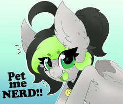 Size: 2164x1825 | Tagged: safe, artist:pegamutt, imported from derpibooru, oc, oc only, oc:bree, oc:bree jetpaw, pegasus, pony, beanbrows, big ears, collar, cowlick, eye clipping through hair, eyebrows, fangs, fluffy, freckles, looking at you, open mouth, pegamutt, pet request, ponytail, solo, spots, text