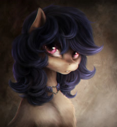 Size: 2290x2490 | Tagged: safe, artist:ventious, imported from derpibooru, oc, oc only, pony, abstract background, blue mane, bust, chiaroscuro, choker, curly mane, pink eyes, portrait, solo