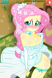 Size: 537x800 | Tagged: safe, artist:uzzi-ponydubberx, imported from derpibooru, fluttershy, equestria girls, adorasexy, alternate hairstyle, blushing, breasts, bride, busty fluttershy, clothes, cute, dress, female, fingerless gloves, gloves, logo, long gloves, looking at you, patreon, patreon logo, sexy, shyabetes, sitting, smiling, solo, text, wedding dress