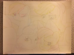 Size: 4032x3024 | Tagged: safe, artist:thor-disciple, apple bloom, applejack, rainbow dash, sweetie belle, earth pony, pegasus, pony, unicorn, bed, blonde mane, clothes, cowboy hat, female, filly, foal, green eyes, hat, hoofbump, laying on bed, laying on stomach, looking at you, lying down, lying on stomach, mare, on bed, ponytail, red eyes, red mane, smiling, tail