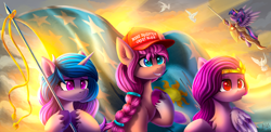 Size: 2000x976 | Tagged: safe, artist:atlas-66, imported from ponybooru, izzy moonbow, sunny starscout, twilight sparkle, earth pony, pegasus, pony, unicorn, spoiler:g5, cap, clothes, dress, equestrian flag, female, flag, g5, hat, make america great again, pipp, shield, sky, sun, sword, weapon