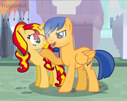 Size: 1000x800 | Tagged: safe, imported from derpibooru, flash sentry, sunset shimmer, pegasus, pony, unicorn, female, flashimmer, male, scrunchy face, shipping, solo, straight