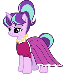 Size: 1246x1428 | Tagged: safe, anonymous artist, derpibooru exclusive, imported from derpibooru, starlight glimmer, stepford ponies, pony, unicorn, .svg available, bedroom eyes, clothes, dress, eyelashes, female, fusion, horn, jewelry, makeup, mare, necklace, pearl necklace, simple background, smiling, solo, svg, transparent background, vector