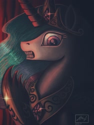 Size: 1626x2160 | Tagged: safe, alternate version, artist:dreamyskies, derpibooru exclusive, edit, imported from derpibooru, princess celestia, alicorn, pony, blood, bust, canon, claws, creepy, dark, dark background, eerie, gritted teeth, horror, jewelry, looking at you, nightmare fuel, portrait, regalia, scary, scary face
