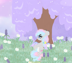 Size: 1590x1400 | Tagged: source needed, safe, artist:sunnlich, imported from derpibooru, oc, oc:dreamyway skies, bat pony, bat pony oc, bat wings, colored, field, flat colors, flower, lying down, resting, soft color, tree, wings