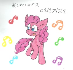 Size: 1059x1020 | Tagged: safe, artist:cmara, imported from derpibooru, pinkie pie, earth pony, pony, female, mare, music notes, open mouth, raised hoof, raised leg, simple background, singing, solo, traditional art, white background