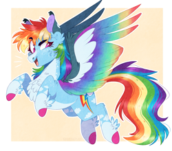 Size: 1389x1224 | Tagged: safe, artist:wanderingpegasus, imported from derpibooru, rainbow dash, pegasus, pony, alternate hairstyle, blaze (coat marking), chest fluff, coat markings, colored wings, colored wingtips, ear fluff, facial markings, female, flying, freckles, leg fluff, looking back, mare, markings, multicolored wings, pale belly, rainbow dash day, rainbow wings, raised hoof, redesign, socks (coat markings), solo, unshorn fetlocks, wings