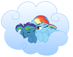 Size: 1280x1010 | Tagged: safe, artist:aleximusprime, imported from derpibooru, rainbow dash, oc, oc:storm streak, pegasus, flurry heart's story, backwards cutie mark, cloud, colt, cuddling, eyes closed, female, like mother like son, like parent like child, male, mare, momma dash, mother and child, mother and son, older, older rainbow dash, on a cloud, one eye open, resting, shorter hair, simple background, sleeping, sleeping on a cloud, smiling, transparent background, vector