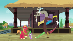 Size: 1280x720 | Tagged: safe, imported from derpibooru, screencap, big macintosh, discord, spike, draconequus, dragon, earth pony, pony, dungeons and discords, eyes closed, male, open mouth, train station, trio, trio male