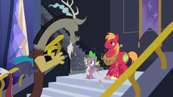 Size: 1280x720 | Tagged: safe, imported from derpibooru, screencap, big macintosh, discord, spike, draconequus, dragon, earth pony, pony, dungeons and discords, confetti, male, open mouth, trio, trio male, twilight's castle