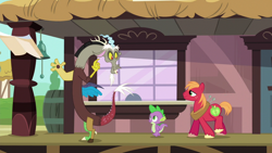 Size: 1280x720 | Tagged: safe, imported from derpibooru, screencap, big macintosh, discord, spike, draconequus, dragon, earth pony, pony, dungeons and discords, male, open mouth, train station, trio, trio male, walking