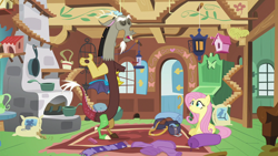 Size: 1280x720 | Tagged: safe, imported from derpibooru, screencap, discord, draconequus, pegasus, pony, dungeons and discords, season 6, clothes, duo, eyes closed, female, fluttershy's cottage, male, open mouth, scarf, sitting, sweater