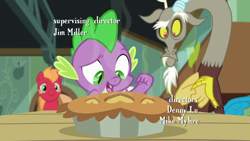 Size: 1280x720 | Tagged: safe, imported from derpibooru, screencap, big macintosh, discord, spike, dragon, earth pony, pony, the break up breakdown, food, male, open mouth, pie, pointing, trio, trio male