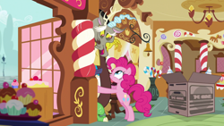 Size: 1920x1080 | Tagged: safe, imported from derpibooru, screencap, discord, pinkie pie, make new friends but keep discord, bipedal, bipedal leaning, cardboard box, leaning, personal space invasion