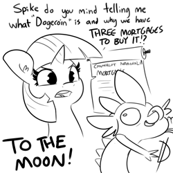 Size: 3000x3000 | Tagged: safe, artist:tjpones, imported from derpibooru, spike, twilight sparkle, dragon, pony, unicorn, bitcoin, black and white, current events, dialogue, dogecoin, duo, female, grayscale, lineart, mare, monochrome, mortgage, scroll, simple background, to the moon, unicorn twilight, white background