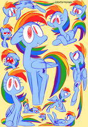 Size: 2500x3616 | Tagged: safe, artist:syrupyyy, artist:watchoutoprah, imported from derpibooru, rainbow dash, pegasus, pony, crossed hooves, face down ass up, female, floppy ears, folded wings, grin, lying down, mare, on back, open mouth, prone, puppy dog eyes, raised hoof, raised leg, simple background, sitting, smiling, solo, spread wings, wings, yellow background