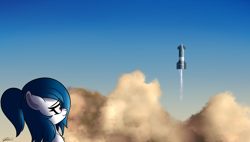 Size: 3496x1980 | Tagged: safe, artist:seafooddinner, imported from derpibooru, oc, oc:spacexpone, earth pony, pony, dust cloud, female, launch, rocket, spacex, starship