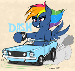 Size: 3832x3638 | Tagged: safe, artist:kundofox, imported from derpibooru, rainbow dash, pegasus, pony, secrets and pies, 1970s, 70s, 8 ball, alternate hairstyle, car, evil pie hater dash, female, ford mustang, high res, hot rod, rat fink, text, wings