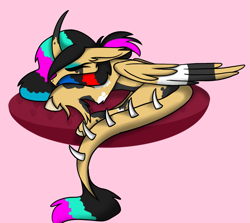 Size: 1513x1349 | Tagged: safe, artist:revenge.cats, imported from derpibooru, oc, oc only, alicorn, dragon, hybrid, pony, blank flank, coontails, curved horn, eyelashes, eyeshadow, folded wings, horn, makeup, sleeping, solo, wings