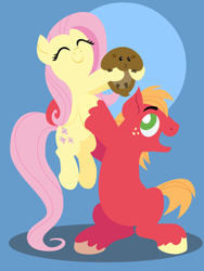 Size: 2160x2880 | Tagged: safe, anonymous artist, imported from derpibooru, big macintosh, fluttershy, earth pony, groundhog, pegasus, pony, series:fm holidays, blue background, cute, eyes closed, female, fluttermac, groundhog day, holding a pony, lineless, male, mare, no pupils, shipping, shyabetes, simple background, sitting, smiling, stallion, straight