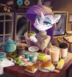 Size: 3601x3849 | Tagged: safe, artist:saxopi, imported from derpibooru, rarity, pony, unicorn, bread, bubble tea, butter, cafe, chair, clothes, crackers, cup, food, horn, knife, leaves, looking at you, plate, saucer, smiling, solo, spoon, straw, sweater, table, tea, teapot