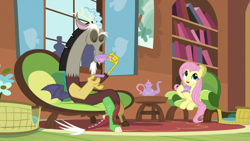 Size: 1920x1080 | Tagged: safe, imported from derpibooru, screencap, discord, fluttershy, make new friends but keep discord, cup, drinking, duo, teacup, teapot