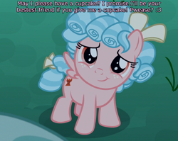 Size: 1292x1030 | Tagged: safe, edit, edited screencap, imported from derpibooru, screencap, cozy glow, pegasus, pony, the summer sun setback, antagonist, asking for it, begging, bow, caption, cozybetes, curly mane, cute, female, filly, freckles, grass, hooves, image macro, rook, small wings, smiling, solo, talking to viewer, text, wings