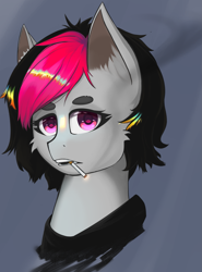 Size: 1429x1931 | Tagged: safe, artist:owlnon, imported from derpibooru, oc, oc only, oc:miss eri, pony, black and red mane, female, smoking, solo, two toned mane