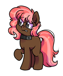 Size: 866x1044 | Tagged: safe, artist:paperbagpony, imported from derpibooru, oc, oc:scarlet trace (coffee bean), earth pony, pony, collar, earth pony oc, female, freckles, mare, nervous