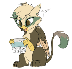 Size: 1507x1432 | Tagged: safe, artist:beardie, imported from derpibooru, oc, oc only, oc:dillinger, griffon, food, griffon oc, holding, marshmallow, pale belly, solo, two toned wings, wings
