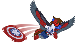 Size: 1280x797 | Tagged: safe, artist:mlp-trailgrazer, imported from derpibooru, oc, oc only, oc:jordan, pegasus, pony, captain america, clothes, cosplay, costume, falcon (marvel comics), falcon (marvel), male, shield, simple background, solo, stallion, transparent background